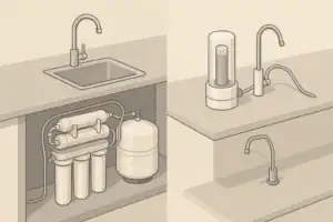 isometric illustration comparing two home water filtration systems