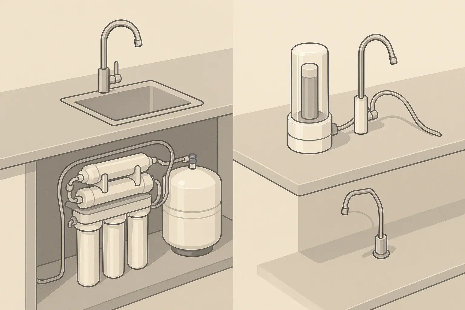 isometric illustration comparing two home water filtration systems