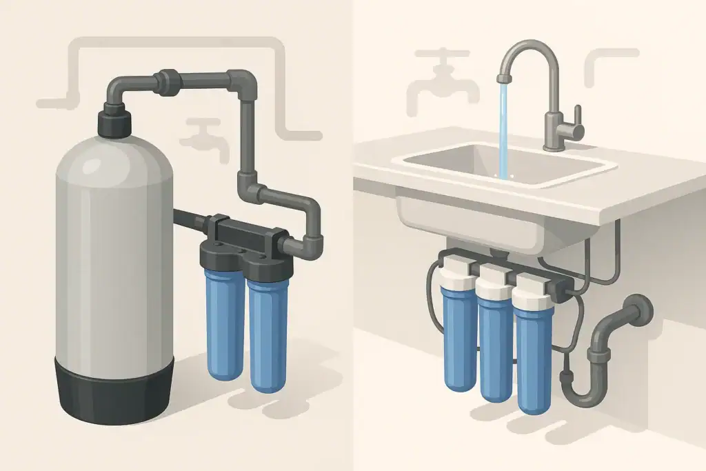 Isometric illustration comparing two home water filtration systems