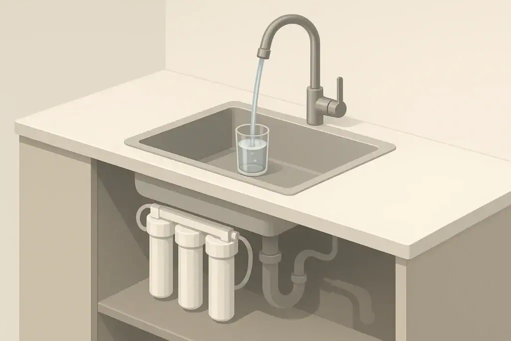 isometric under sink water filter connected to kitchen faucet