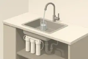 isometric under sink water filter connected to kitchen faucet