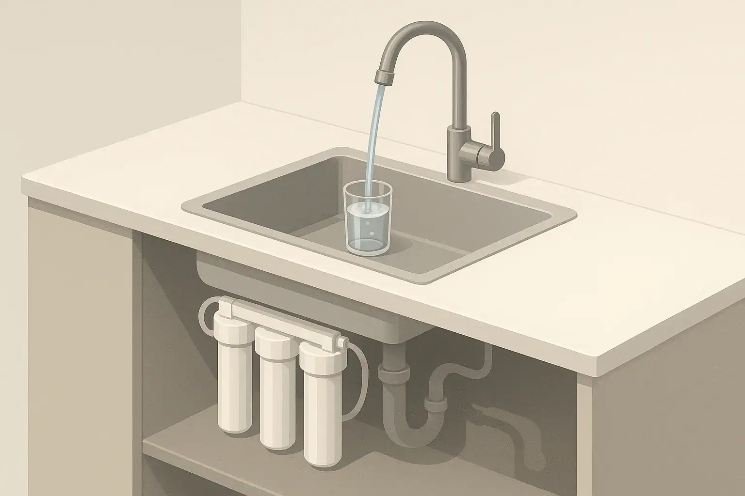 isometric under sink water filter connected to kitchen faucet