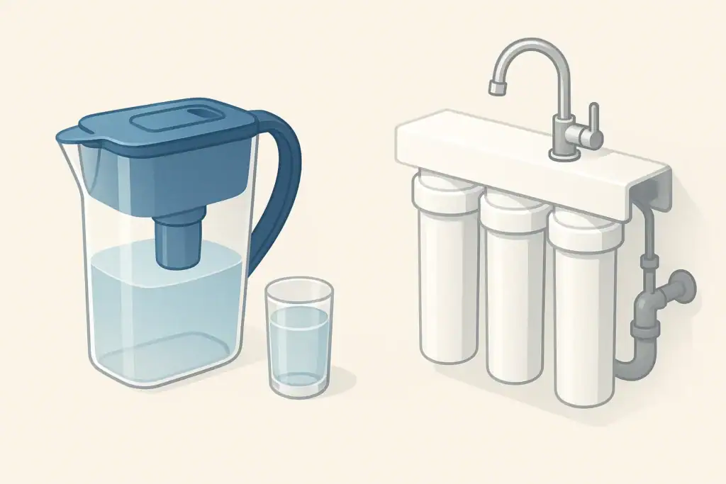 Isometric comparison of home water filter setups and cartridges