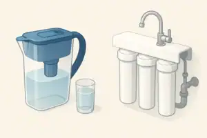 Isometric comparison of home water filter setups and cartridges