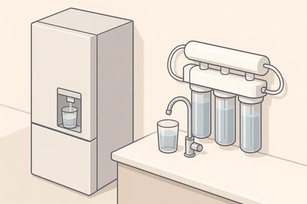 isometric illustration comparing a fridge filter and under-sink filter system