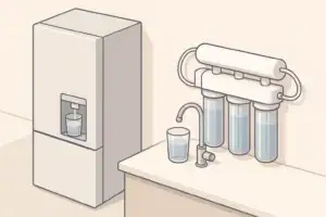 isometric illustration comparing a fridge filter and under-sink filter system