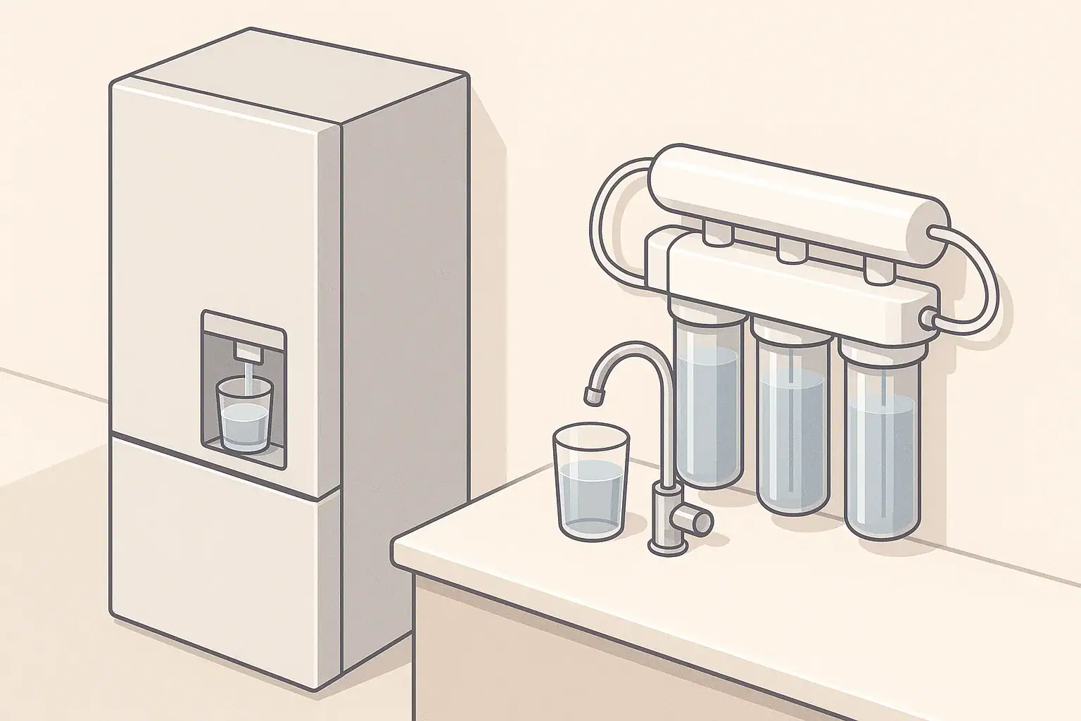isometric illustration comparing a fridge filter and under-sink filter system