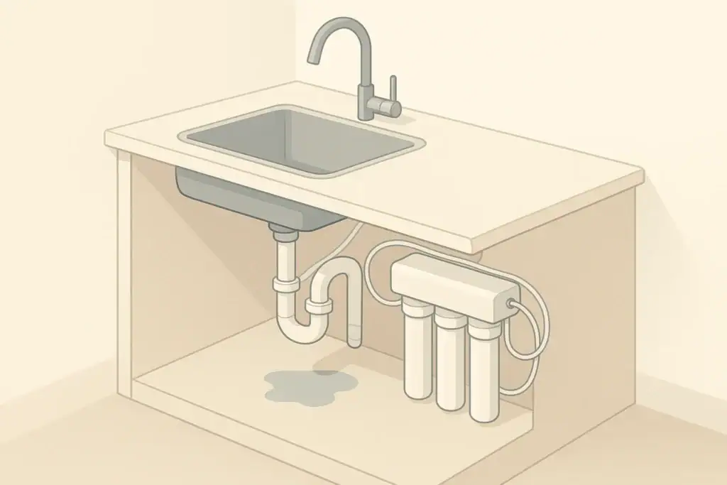 isometric illustration of leaking under sink with filter system