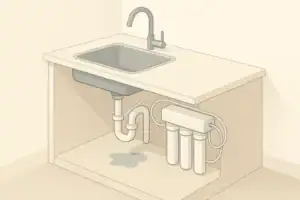 isometric illustration of leaking under sink with filter system