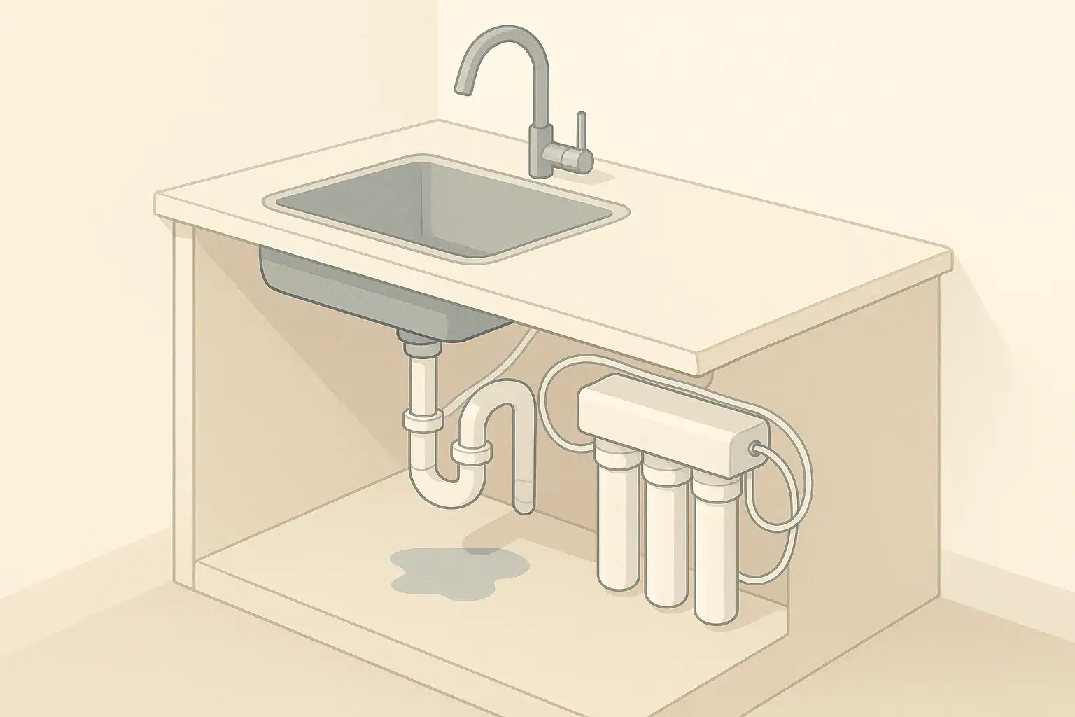isometric illustration of leaking under sink with filter system