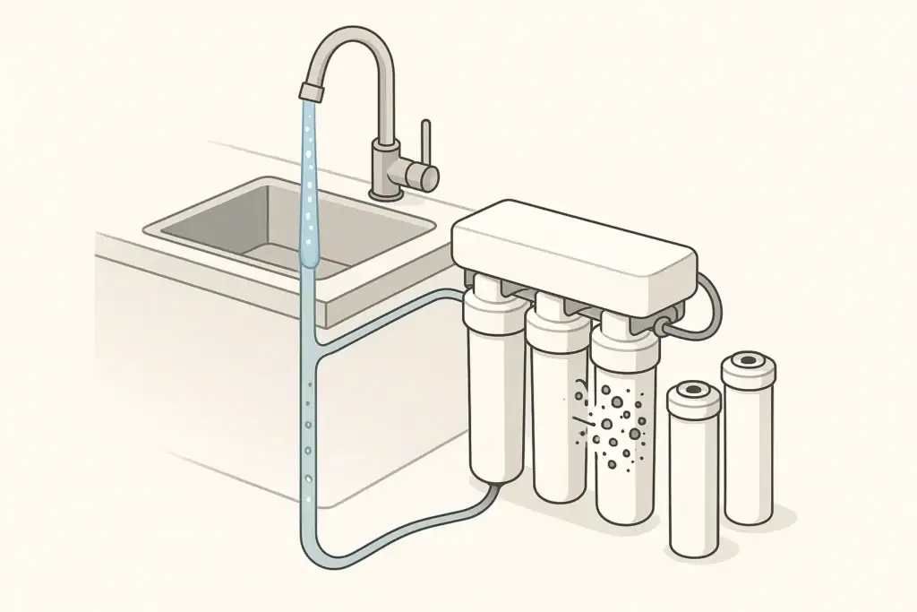 isometric illustration of air purging from a home water filter line