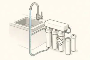 isometric illustration of air purging from a home water filter line