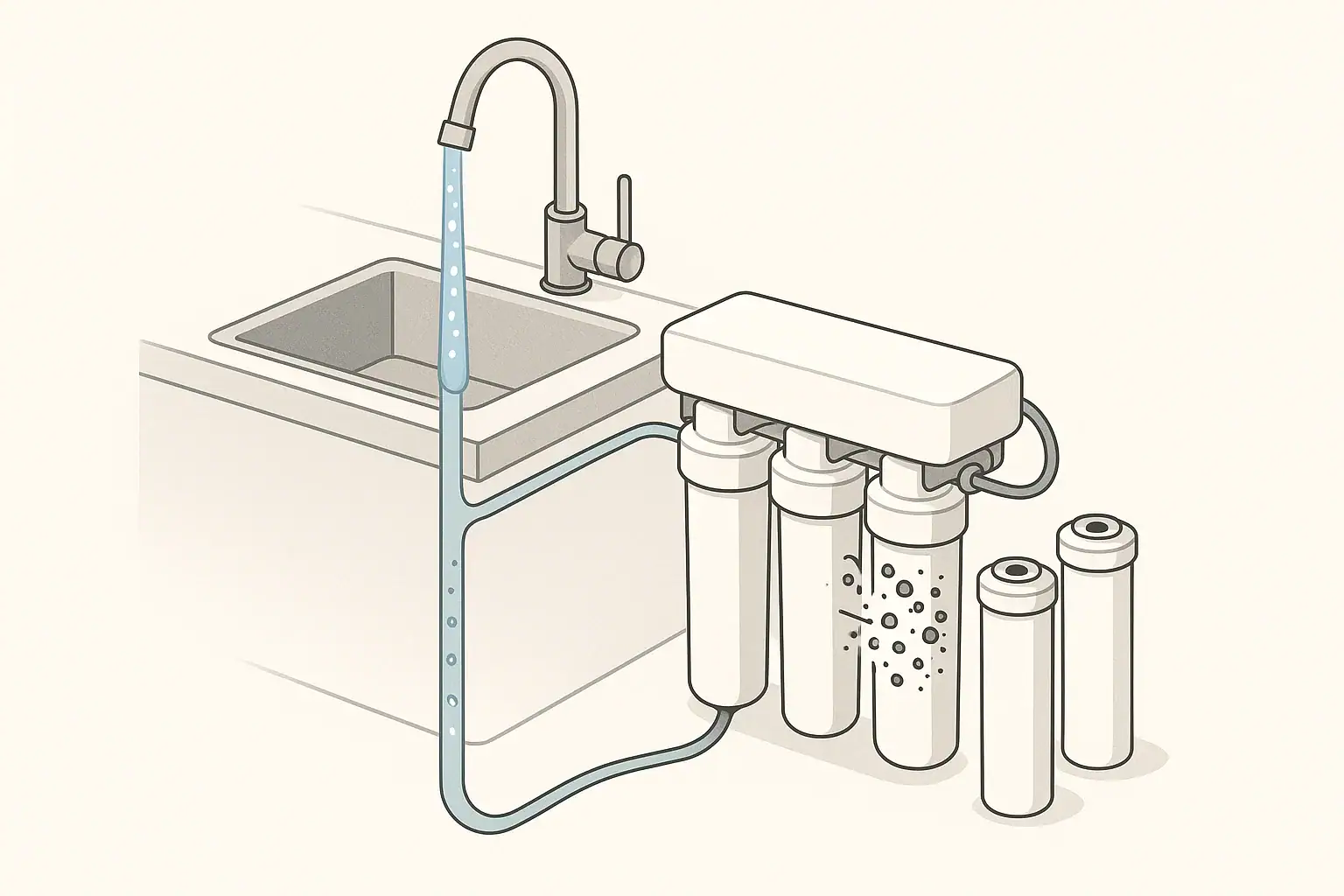 isometric illustration of air purging from a home water filter line