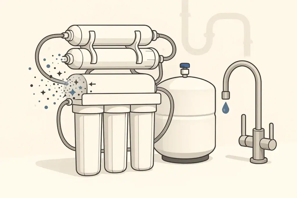 isometric illustration of a reverse osmosis system under a sink