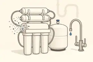 isometric illustration of a reverse osmosis system under a sink