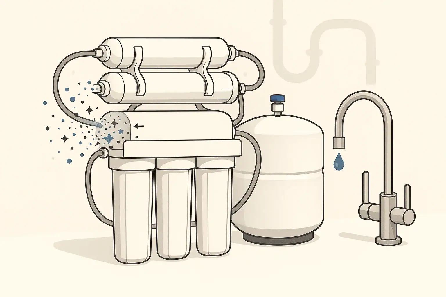 isometric illustration of a reverse osmosis system under a sink