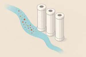 isometric illustration of water contaminants entering home filter cartridges