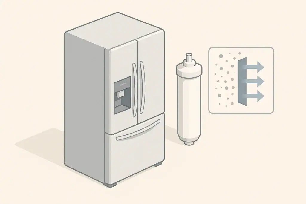 isometric illustration of refrigerator ice maker and water filter