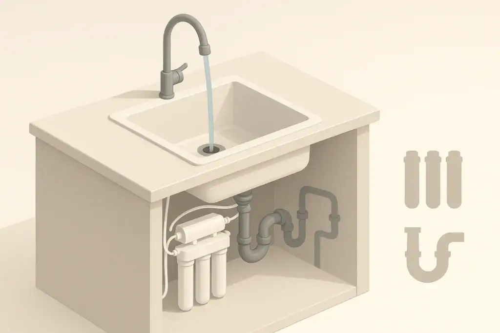 Isometric illustration of kitchen sink and under sink water filter