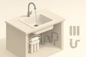 Isometric illustration of kitchen sink and under sink water filter