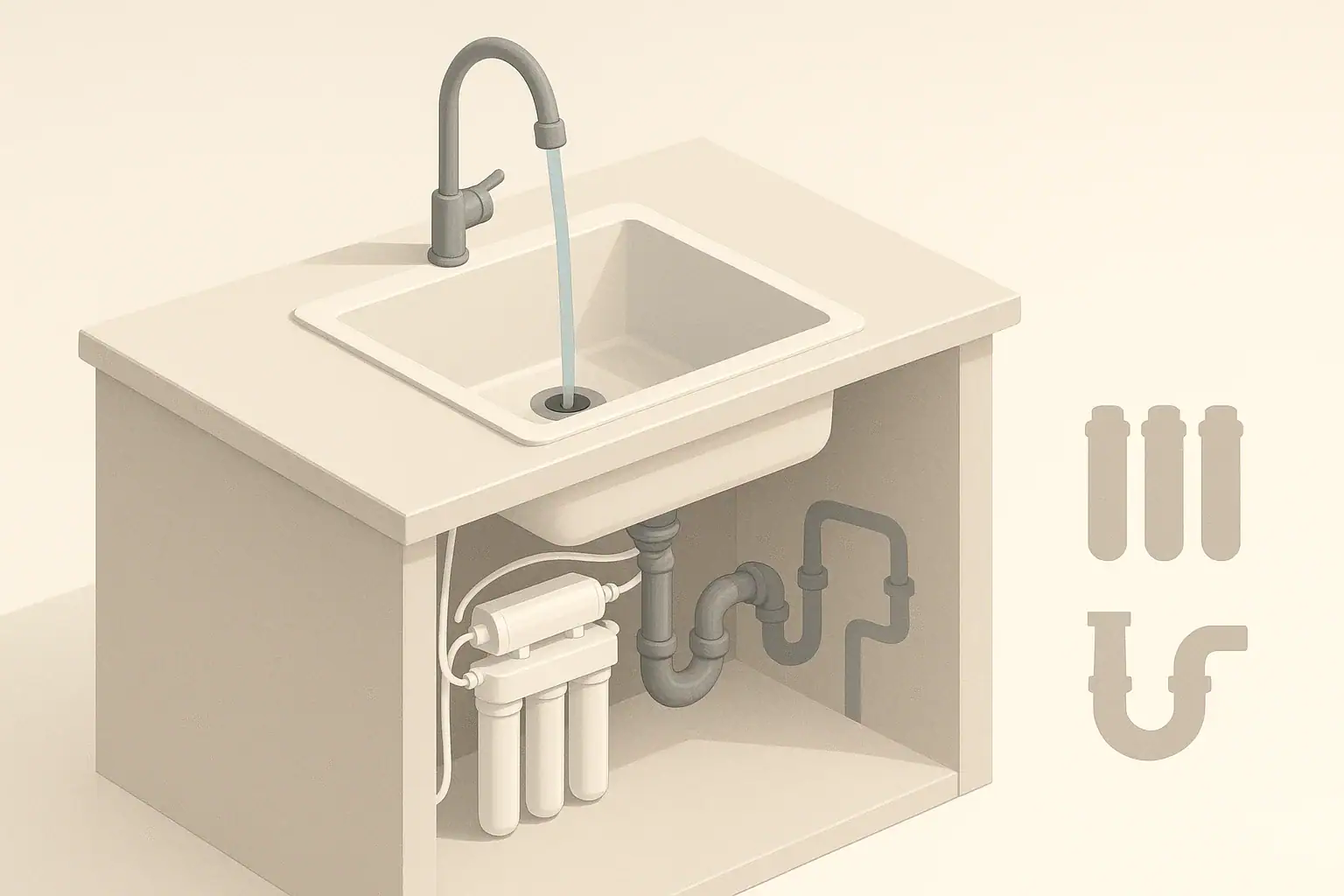 Isometric illustration of kitchen sink and under sink water filter