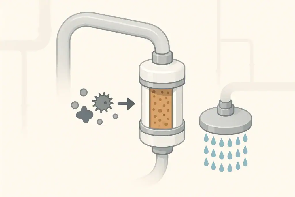 isometric illustration of a shower filter connected between shower arm and showerhead
