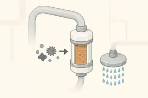 isometric illustration of a shower filter connected between shower arm and showerhead