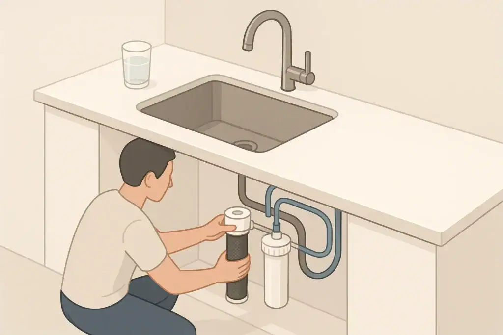 Person changing a carbon water filter cartridge under a sink