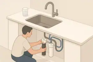 Person changing a carbon water filter cartridge under a sink