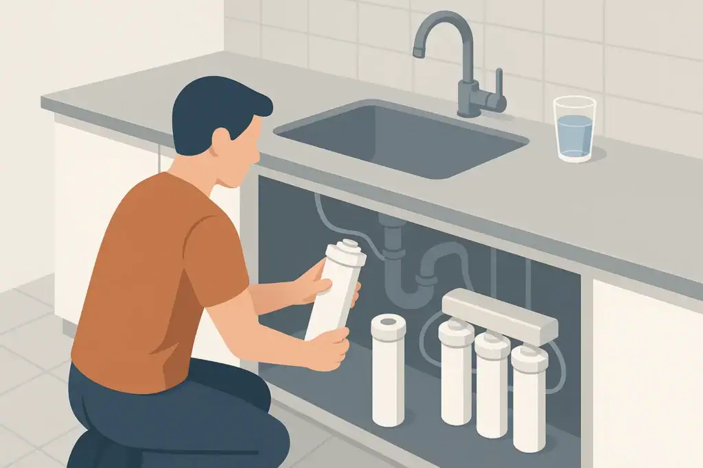 Person changing under sink water filter cartridges in kitchen