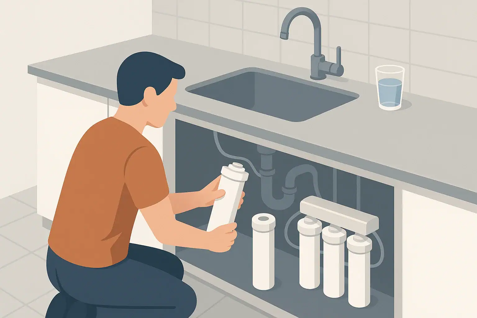 Person changing under sink water filter cartridges in kitchen