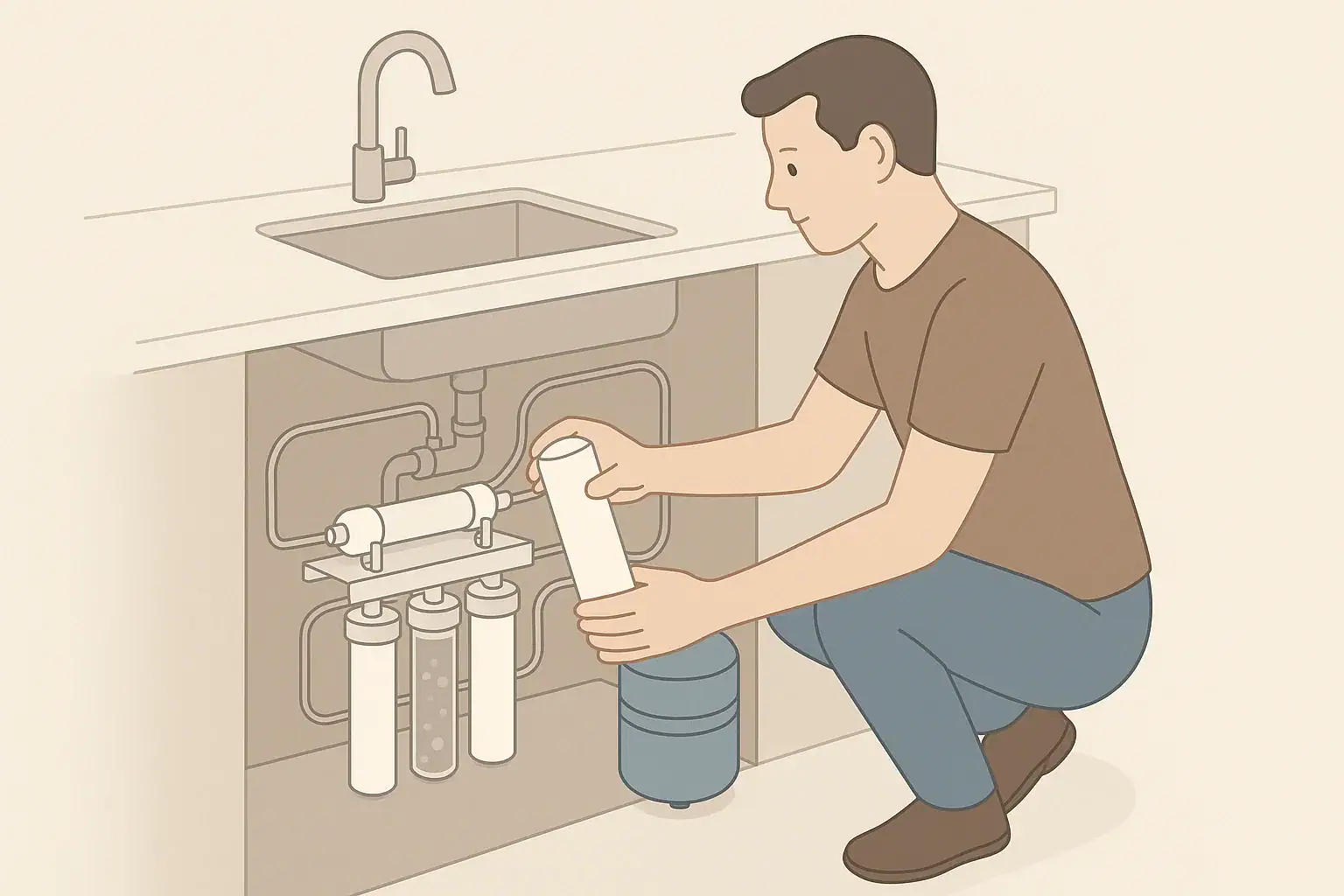 Homeowner replacing an under sink water filter cartridge