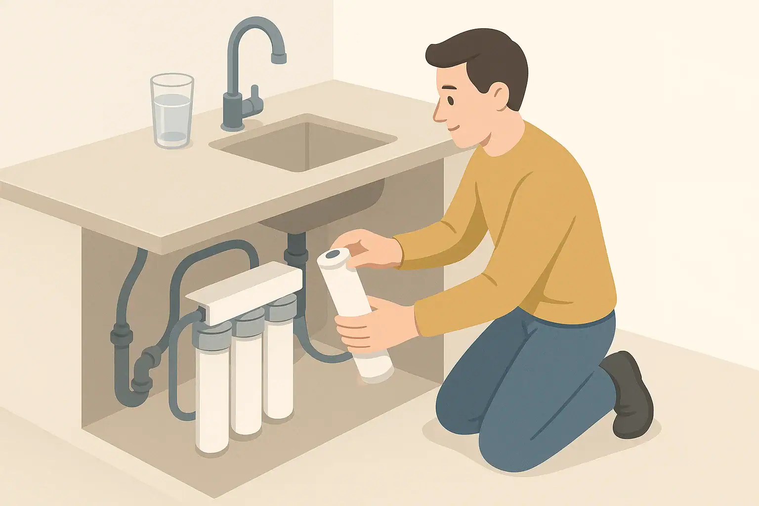 Homeowner changing an under sink water filter cartridge