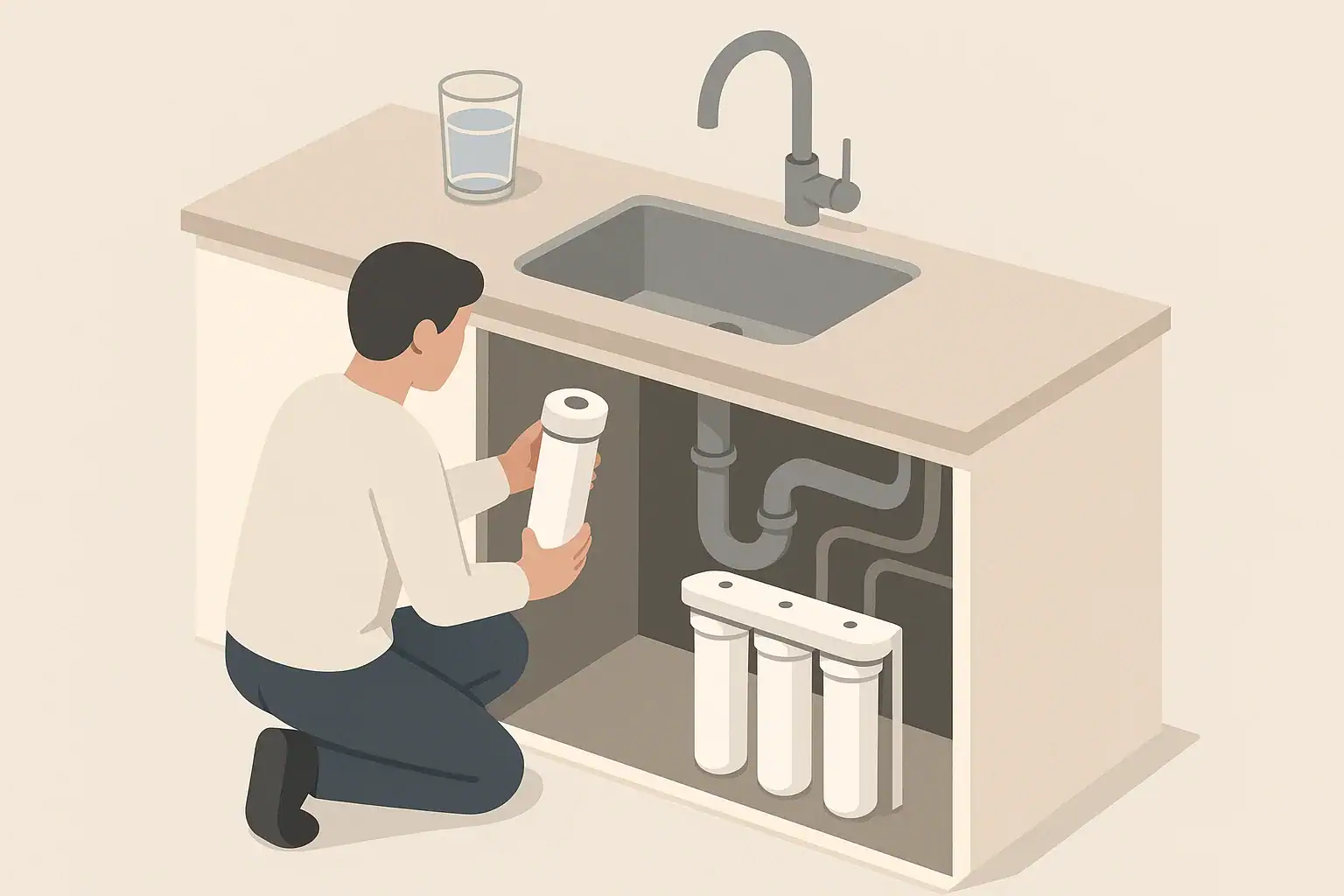Isometric illustration of homeowner changing under sink water filter cartridge