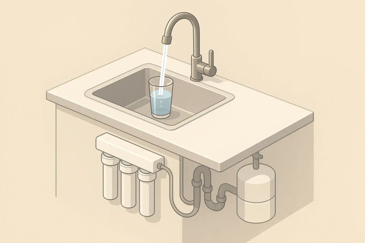 isometric under sink water filter system with flowing faucet