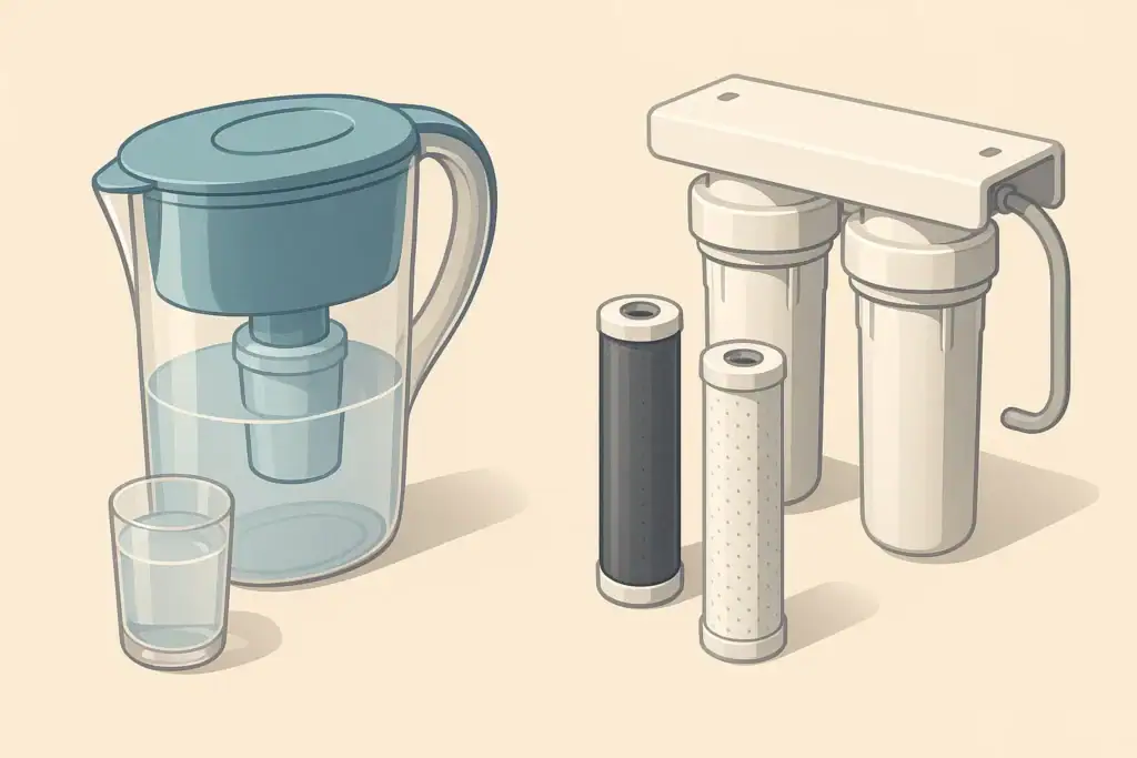 Isometric illustration comparing different home water filter cartridges