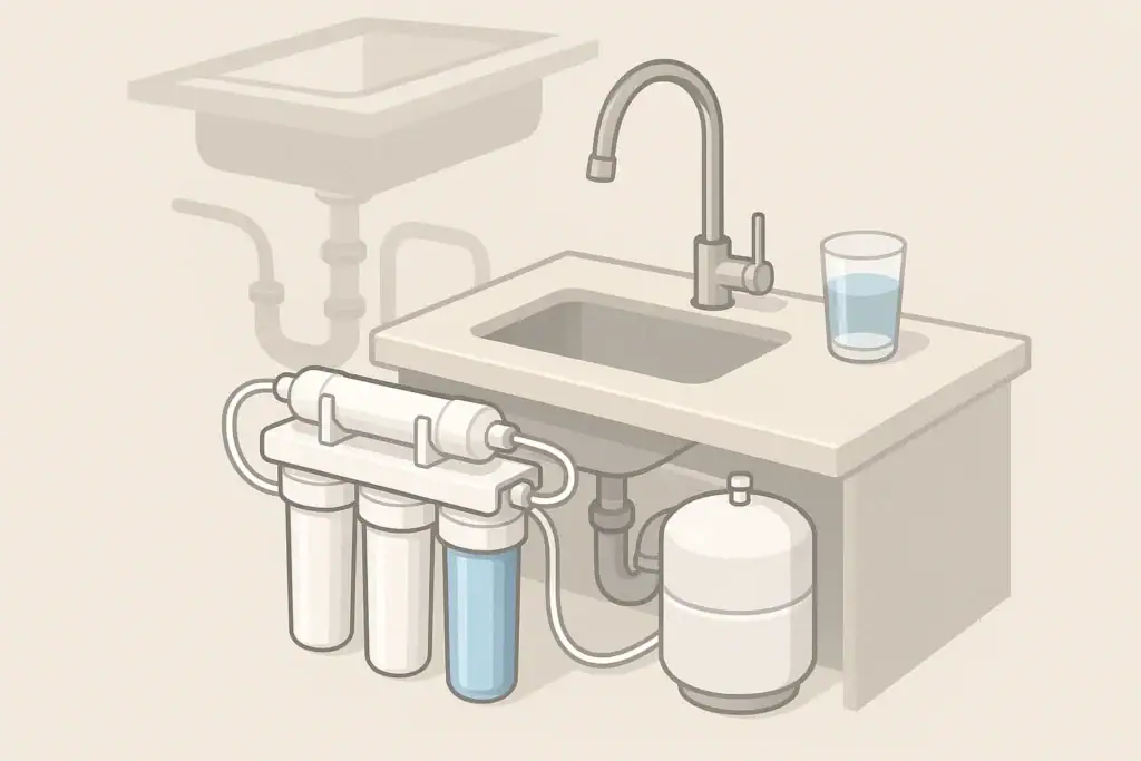 isometric illustration of under sink water filter system and glass