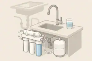 isometric illustration of under sink water filter system and glass