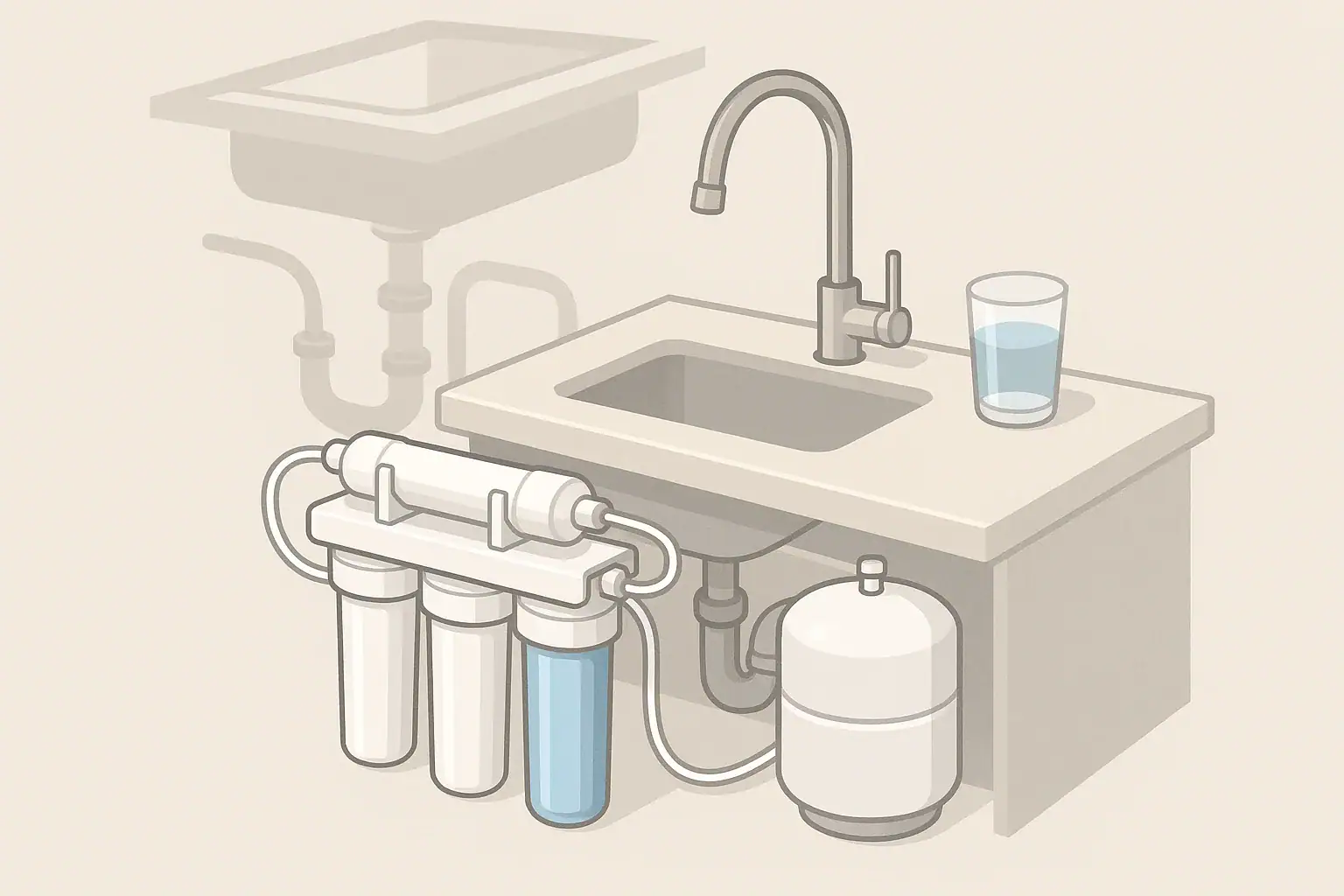 isometric illustration of under sink water filter system and glass
