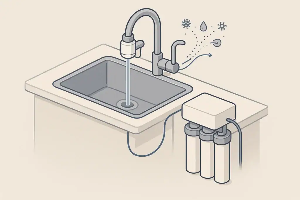 isometric illustration of faucet water filter and under sink system