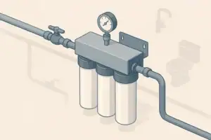 isometric illustration of a whole house water filter on main line