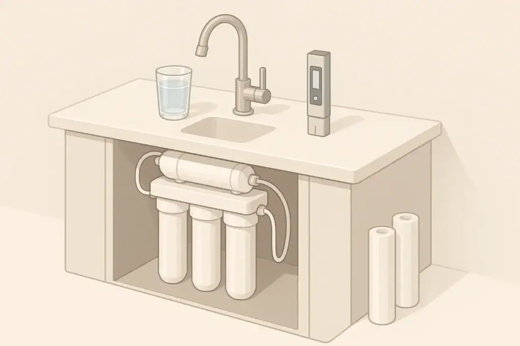 TDS meter beside under sink water filter