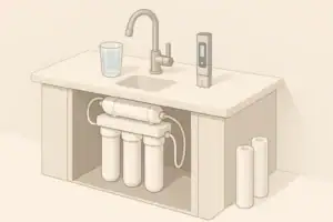 TDS meter beside under sink water filter