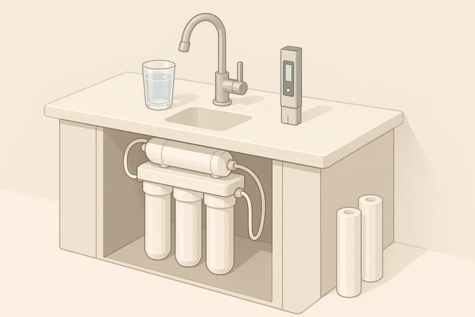 TDS meter beside under sink water filter