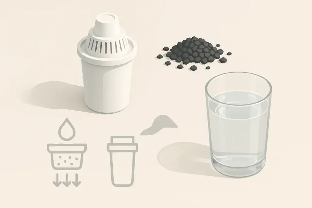 Isometric pitcher filter cartridge beside a water glass