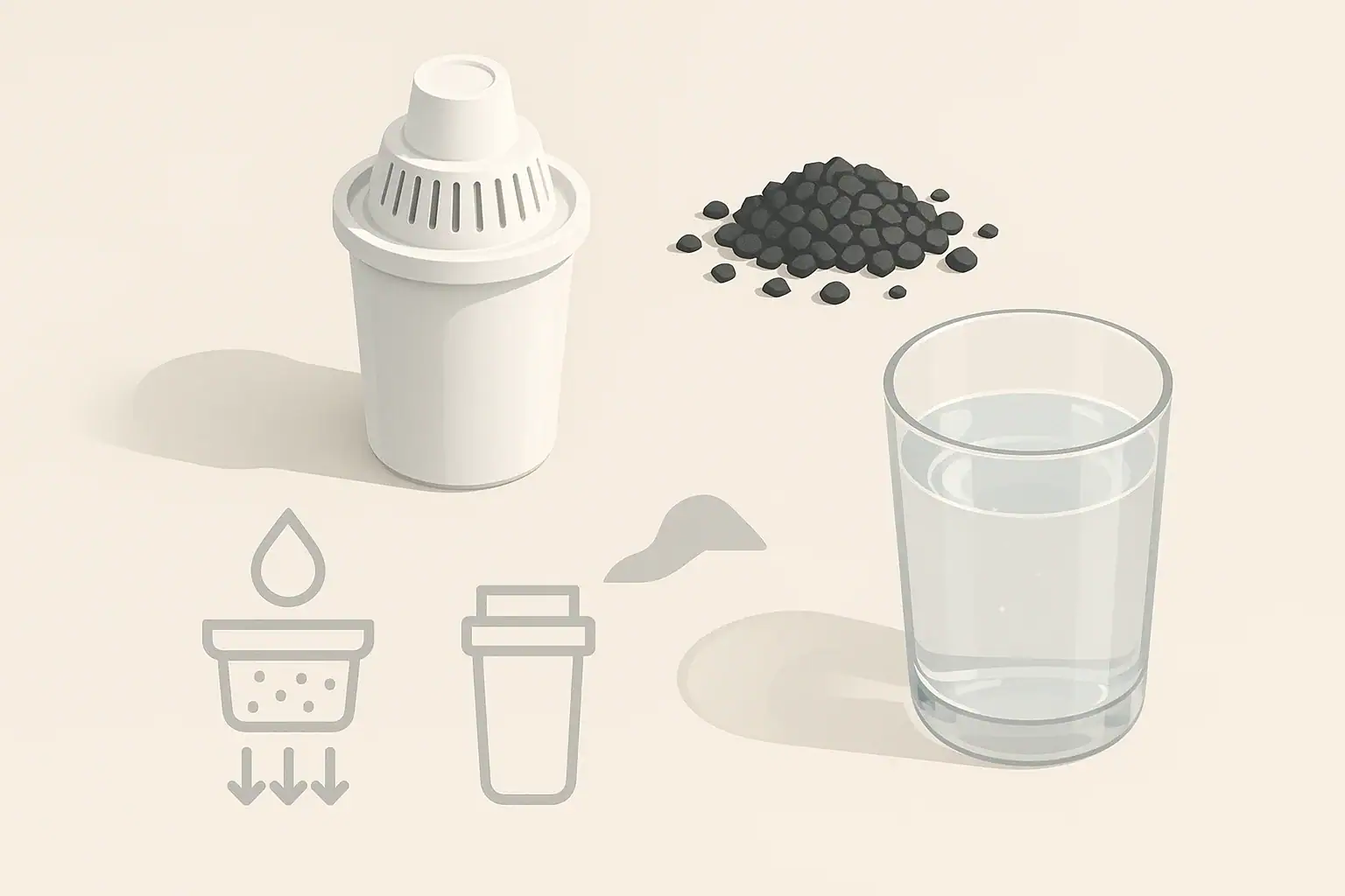 Isometric pitcher filter cartridge beside a water glass