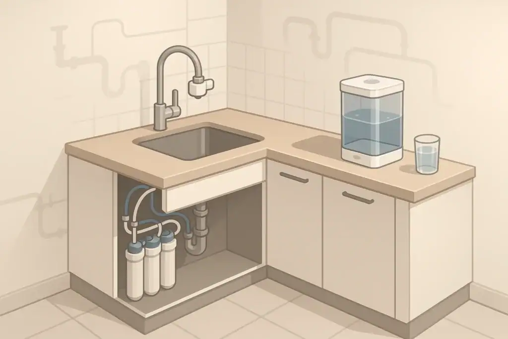 isometric illustration of renter friendly apartment water filter options