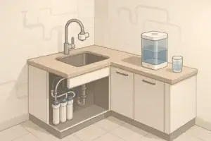 isometric illustration of renter friendly apartment water filter options