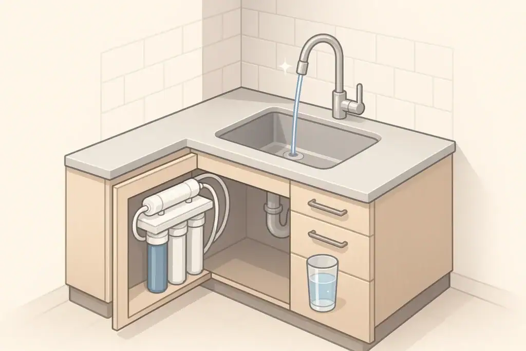 Isometric illustration of kitchen sink with under sink filter