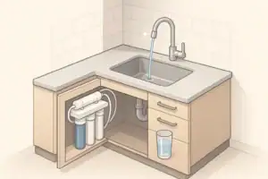Isometric illustration of kitchen sink with under sink filter